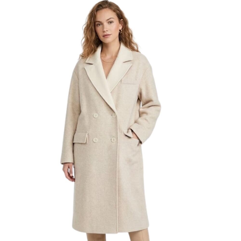 11 . Honore Full Length Double Breasted Wool Coat in Oatmeal NWT 16